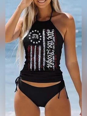 Nigbriz Black We the People American Flag Halter Tankini 2Pc Swimsuit Womens XXL